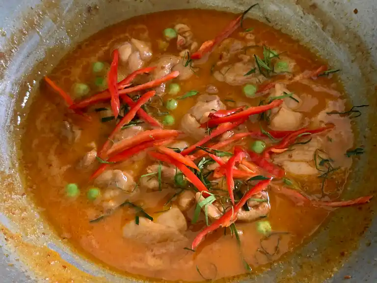 Finished panang chicken curry topped with sliced red chilies and kaffir lime leaves.