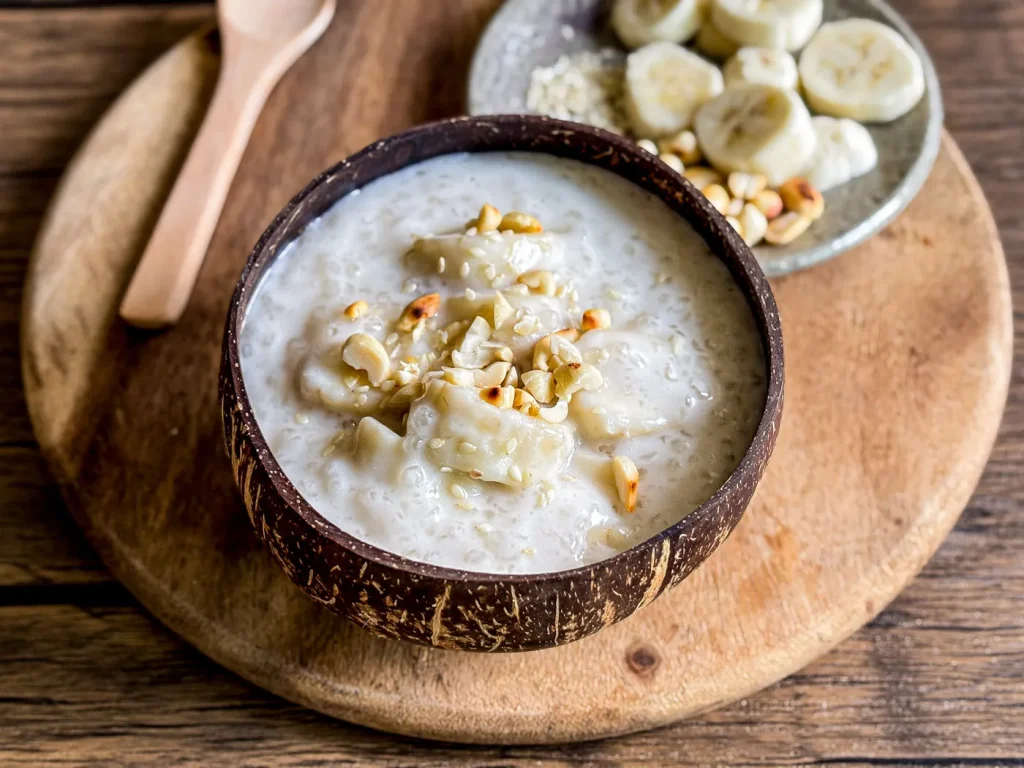 Vietnamese chè chuối dessert in a wooden bowl, with bananas, tapioca pearls, coconut milk, and a topping of crushed roasted peanuts.