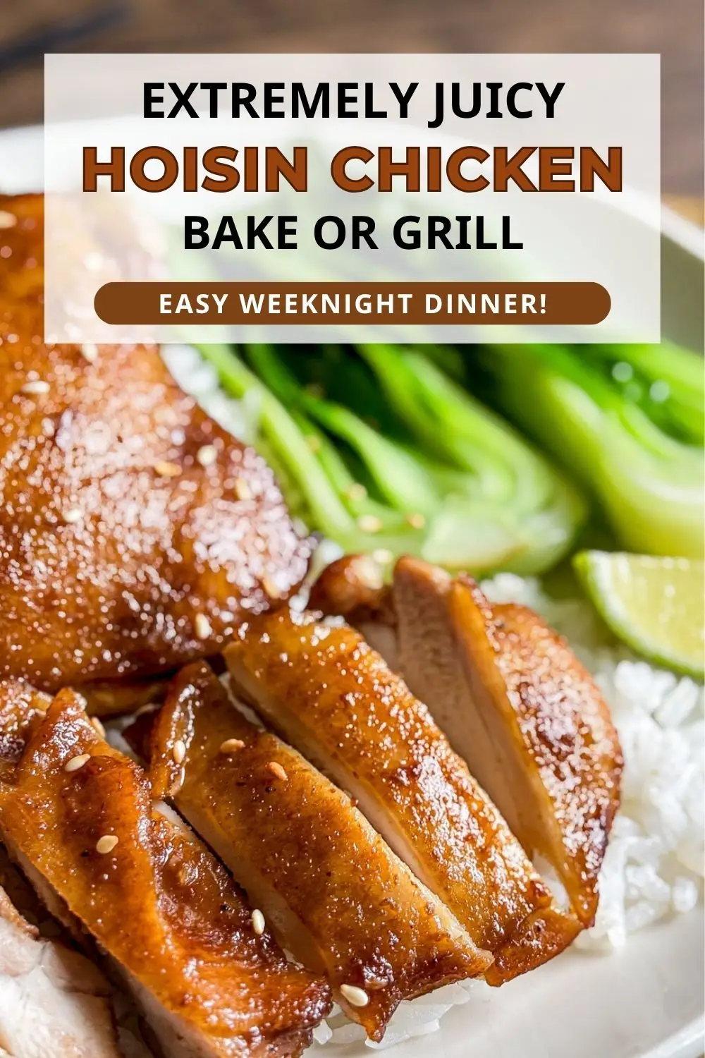 Close-up of Chinese hoisin chicken with bok choy and jasmine rice.