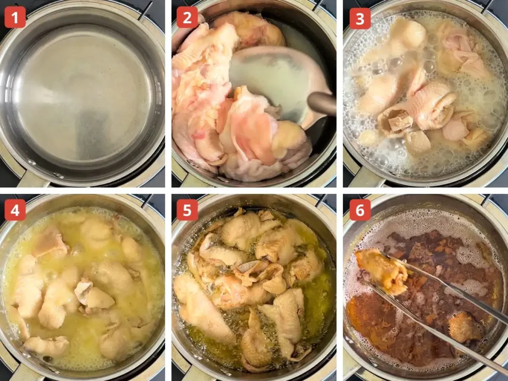 Photo collage showing how to render chicken oil by simmering and frying chicken skin until golden brown, removing crispy pieces, and leaving behind flavorful oil.