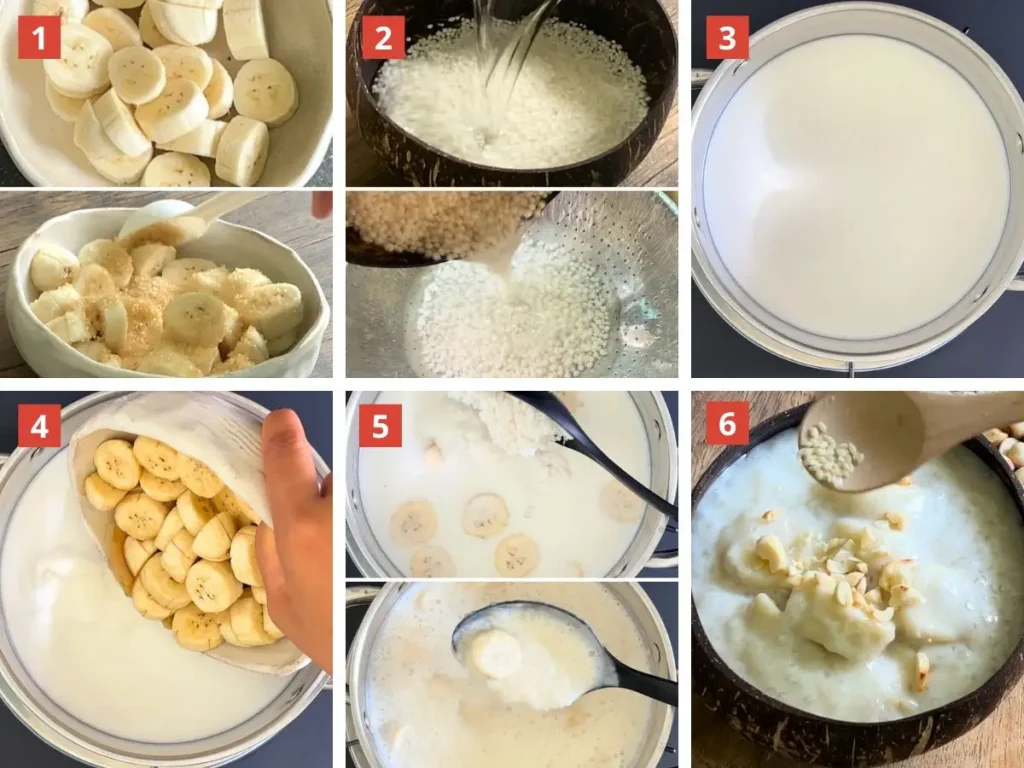 Step-by-step photo collage showing how to make che chuoi, a Vietnamese banana and sago dessert with coconut milk. Includes sliced bananas tossed with sugar, soaked sago pearls, simmering coconut milk, adding bananas and sago to the pot, and serving with roasted peanuts and sesame seeds.