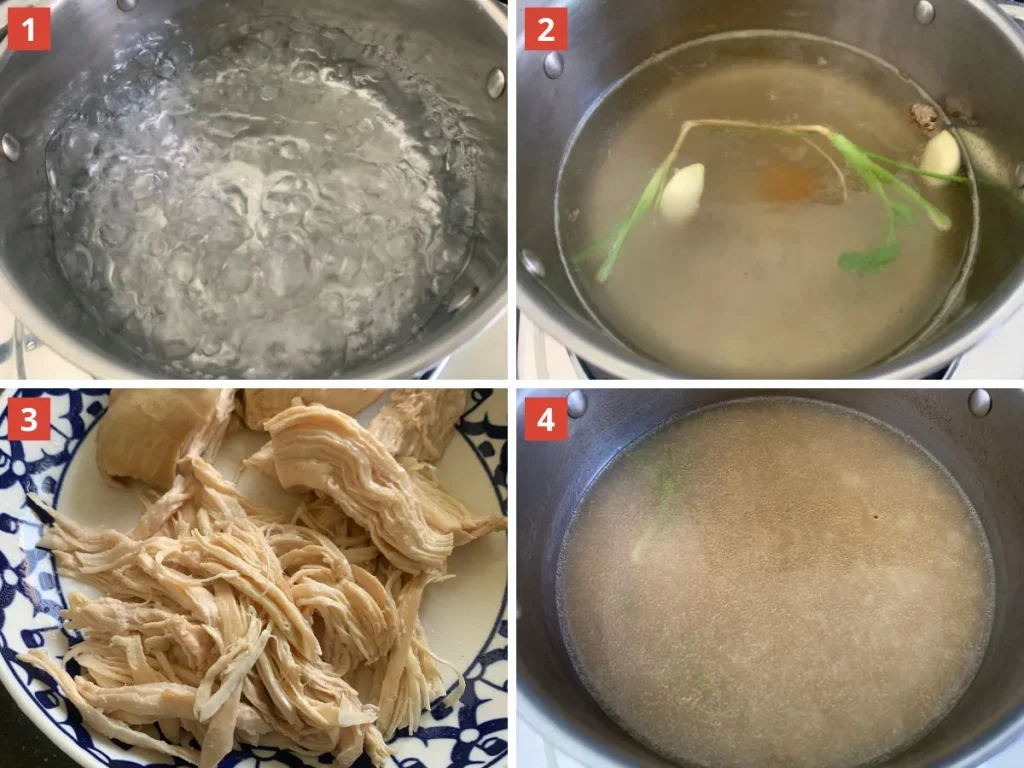 Step-by-step collage showing how to make Thai chicken and rice soup: boiling water, simmering broth with herbs, shredded chicken in a bowl, and finished clear broth in a pot.