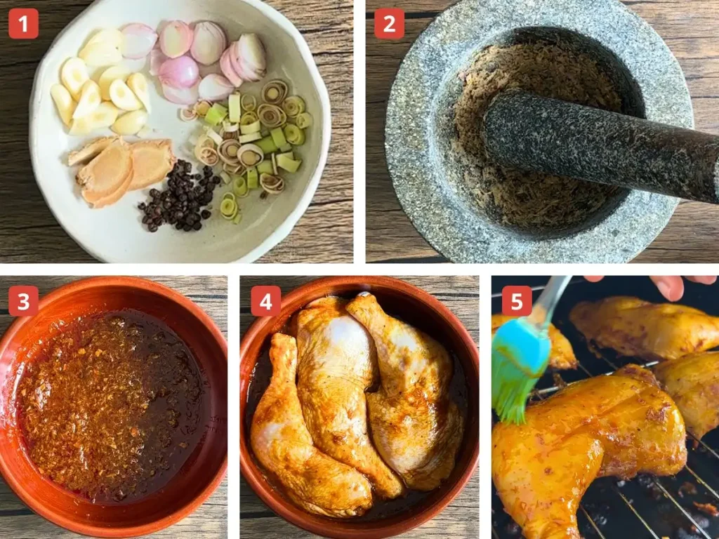 Step-by-step preparation of chicken inasal showing sliced aromatics, pounding in a mortar, mixed marinade, chicken marinating, and basting the chicken while grilling.