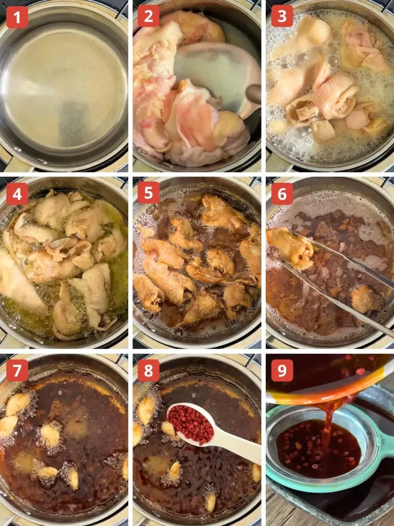 Step-by-step photos showing how to make chicken oil for inasal with chicken skin, garlic, and annatto seeds, strained through a sieve for a rich red-orange color.