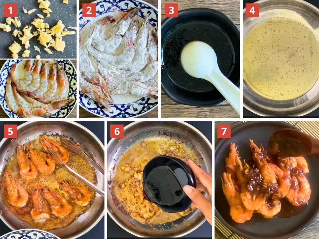 Step-by-step image showing how to make Chinese garlic shrimp: includes prepping garlic and shrimp, coating shrimp in flour, frying, preparing a garlic sauce, and pouring the sauce over crispy shrimp.