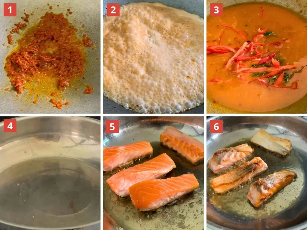 How to make choo chee salmon curry step-by-step: frying red curry paste, simmering coconut milk sauce, adding chilies and kaffir lime, pan-searing salmon fillets until golden.