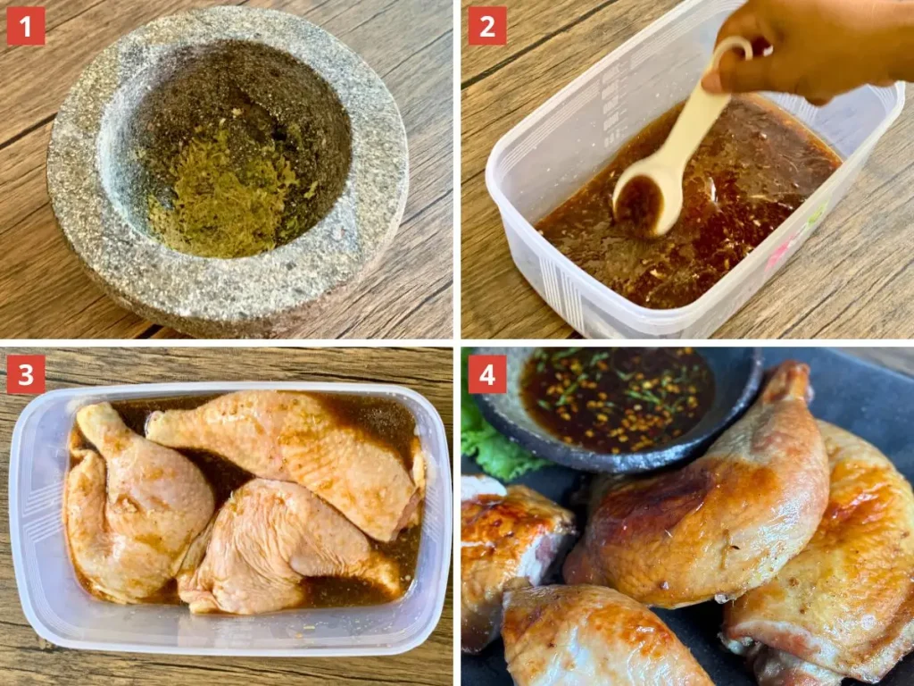 Step-by-step collage showing how to make gai yang: pounding herbs in a mortar, mixing marinade, marinating chicken leg quarters, and grilled chicken served with dipping sauce.