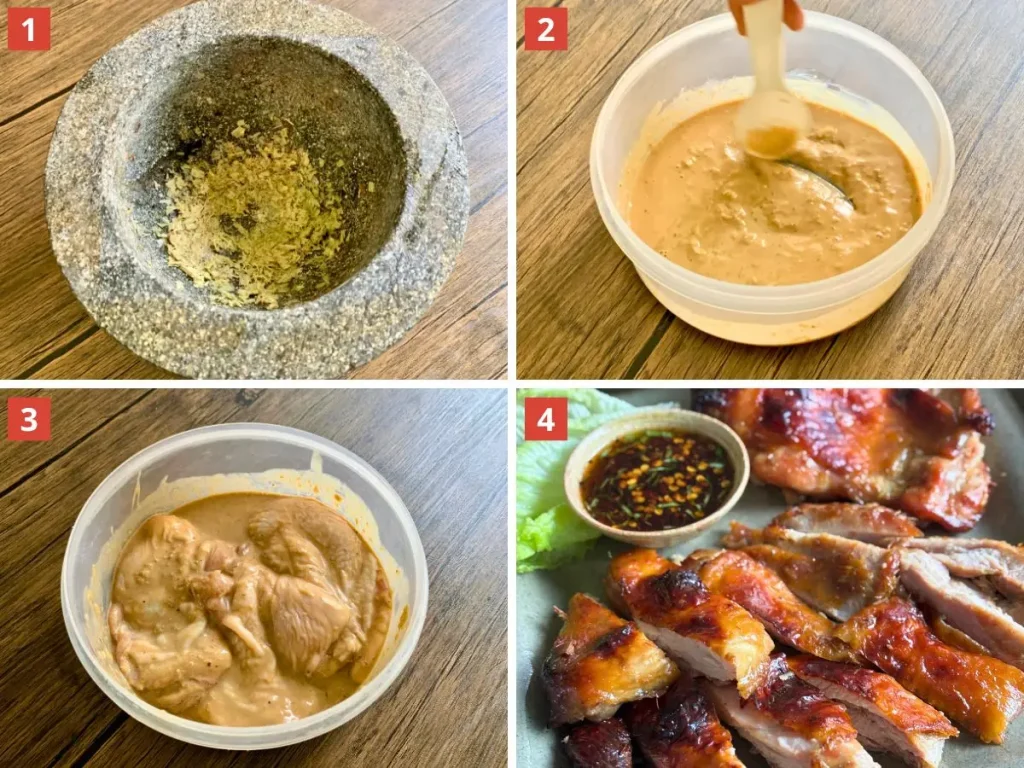 Step-by-step photos for making grilled lemongrass chicken: pounding lemongrass in a mortar, mixing marinade, and marinating chicken.