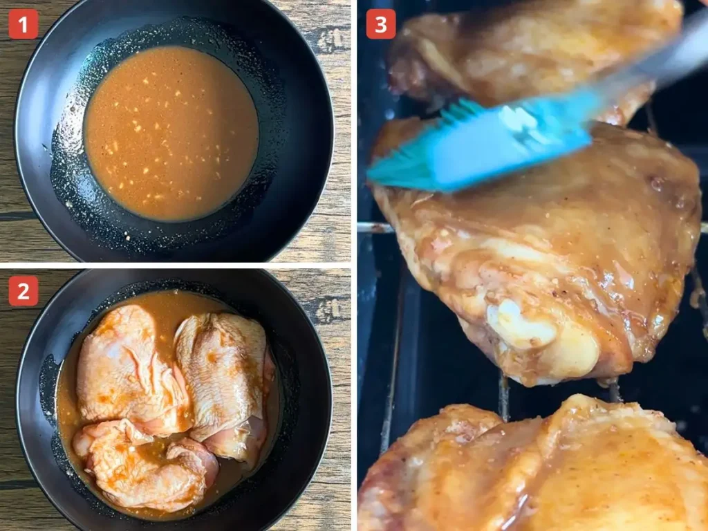Step-by-step collage of how to make hoisin chicken: hoisin marinade in a bowl, chicken thighs marinating, and chicken being brushed with marinade on the grill.