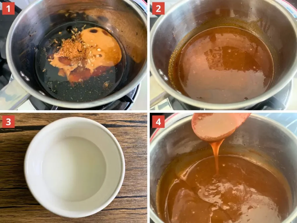 Step-by-step photos showing how to make hoisin sauce in a saucepan with cornstarch slurry.