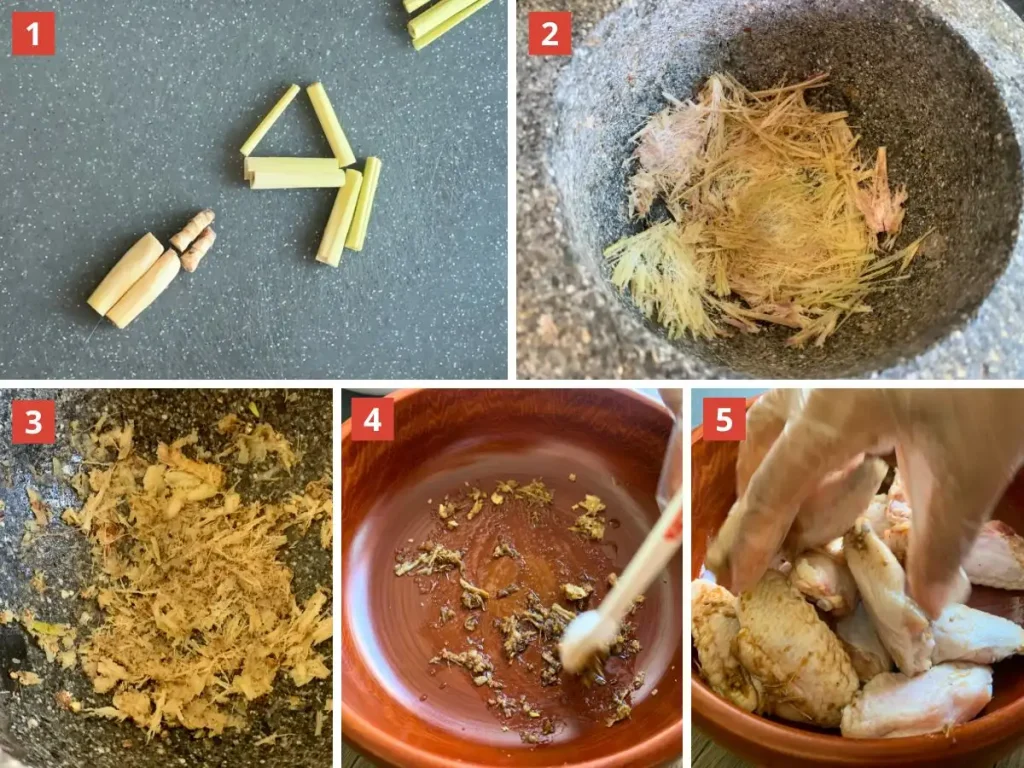 How to make lemongrass marinade showing step-by-step images of pounding lemongrass, making a paste, mixing in sauce, and marinating chicken wings.