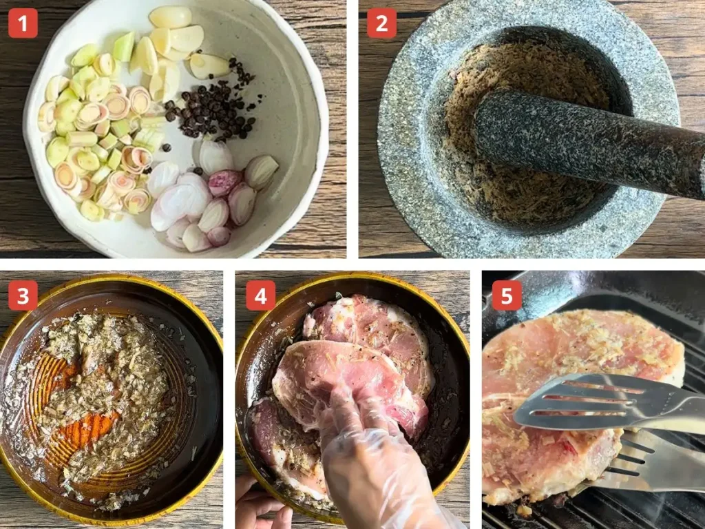Step-by-step preparation of Vietnamese lemongrass pork chops, showing sliced aromatics, pounding a marinade paste, mixing, marinating pork, and grilling on a stovetop grill pan.