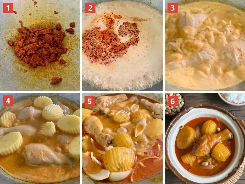 Step-by-step photos showing how to make massaman curry with chicken drumsticks, potatoes, onions, and coconut milk in a wok.