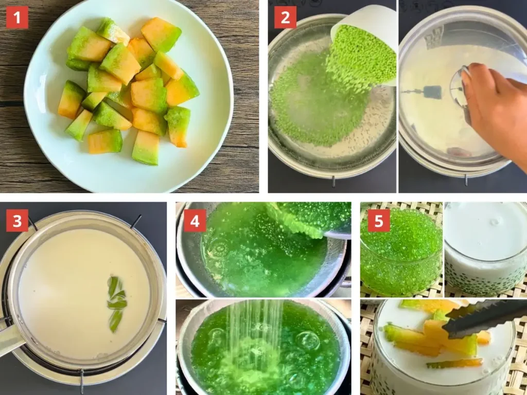 Step-by-step collage showing how to make melon sago dessert, including cantaloupe pieces, cooking green tapioca pearls, heating coconut milk with pandan, and assembling into a glass bowl.