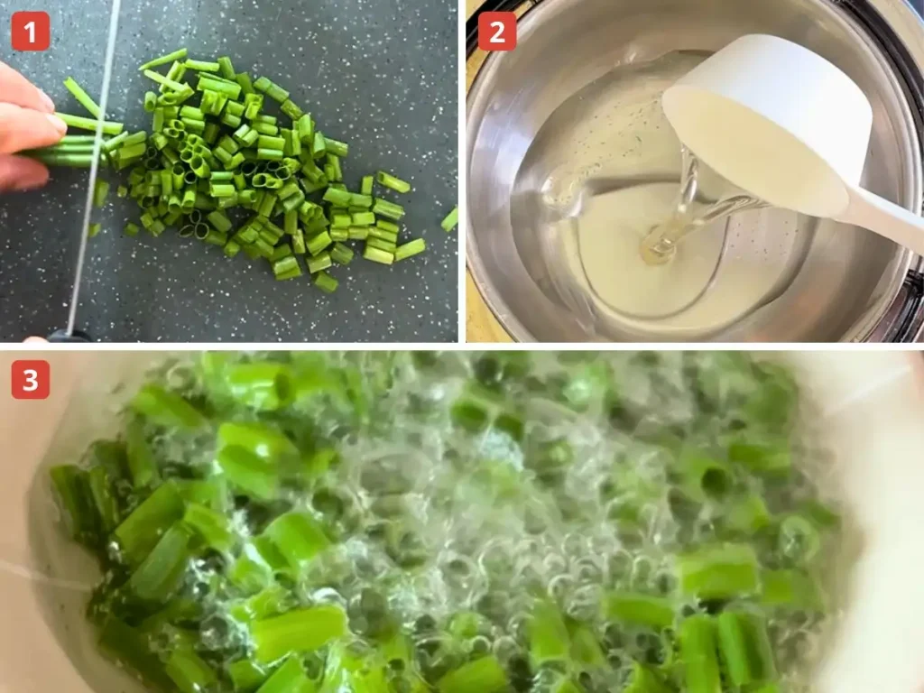 Step-by-step images showing how to make Vietnamese scallion oil (mỡ hành): slicing green onions, heating oil in a saucepan, then pouring hot oil over the chopped scallions to sizzle and infuse them.