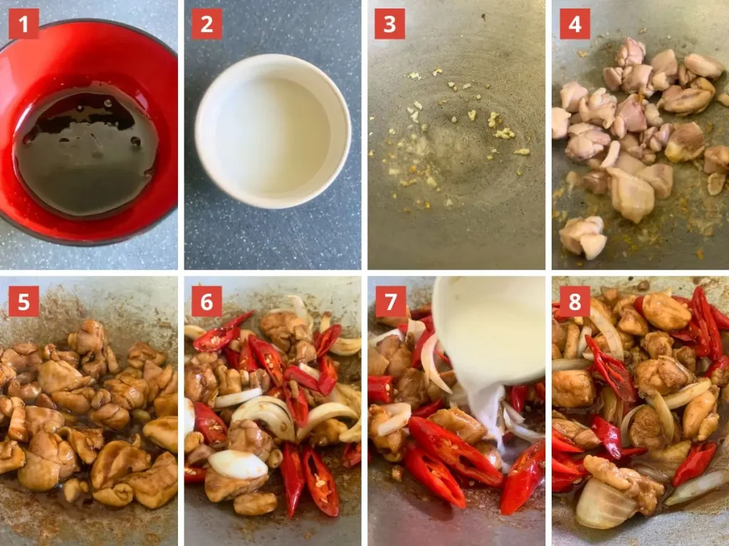 Step-by-step process of making pad prik gai, showing the stir-fry sauce, cornstarch slurry, frying garlic, cooking chicken, adding chilies and onion, and finishing the stir-fry in a wok.