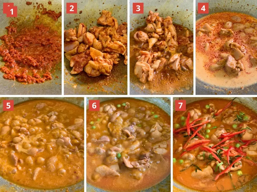 Step-by-step process for making Thai panang curry in one pan, showing red curry paste, cooking chicken, adding coconut milk, and finishing with sliced chili and kaffir lime leaves.