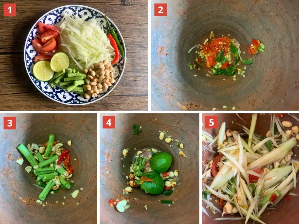 How to make papaya salad step-by-step collage showing ingredients on a plate, followed by pounding chili and garlic, adding long beans and lime, and mixing shredded papaya with tomatoes and peanuts in a mortar.