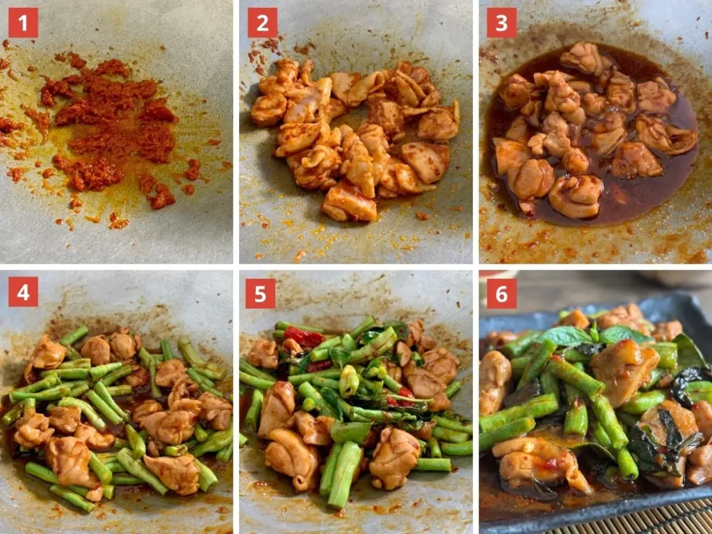Step-by-step photos showing how to make pad prik gaeng gai, a Thai red curry stir-fry with chicken and long beans, cooked in a wok.