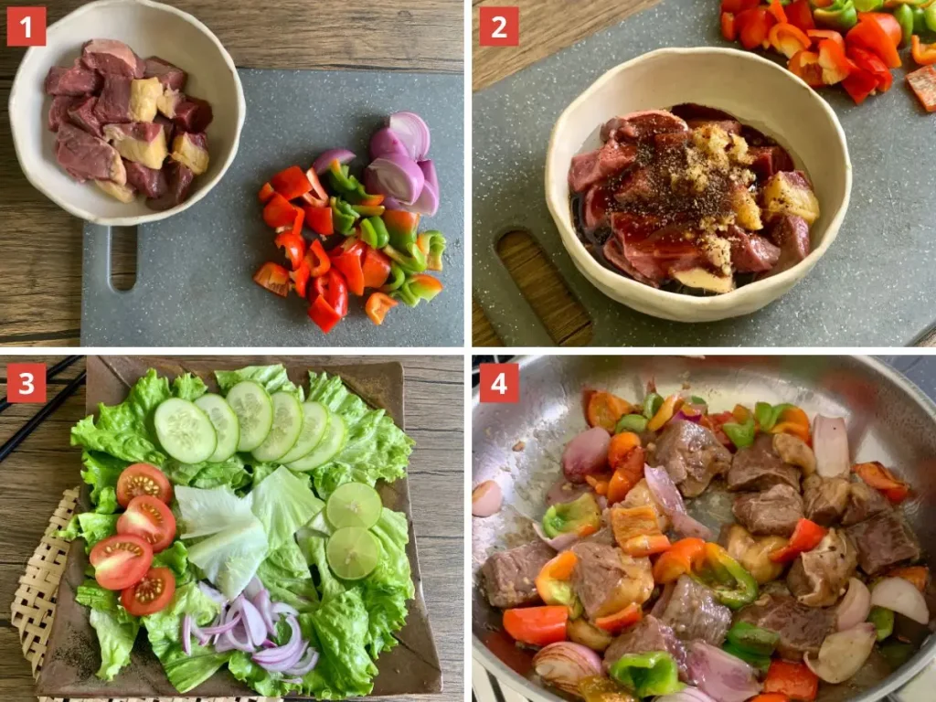 Step-by-step photos showing how to make Vietnamese shaking beef: slicing beef and vegetables, marinating the beef, preparing a fresh salad with lettuce and tomatoes, and shaking the beef with bell peppers and onions in a pan.