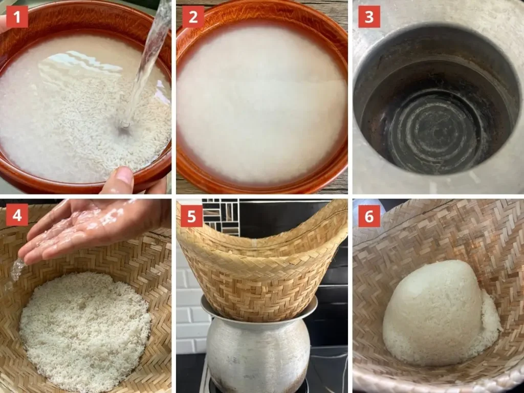 How to make Thai sticky rice using a bamboo steamer: rinsing and soaking the rice, preparing the steamer pot, and steaming until soft and fluffy.