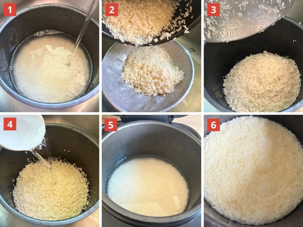 Step-by-step photos showing how to make Thai sticky rice in a rice cooker without soaking, from rinsing and draining the rice to the final cooked texture.