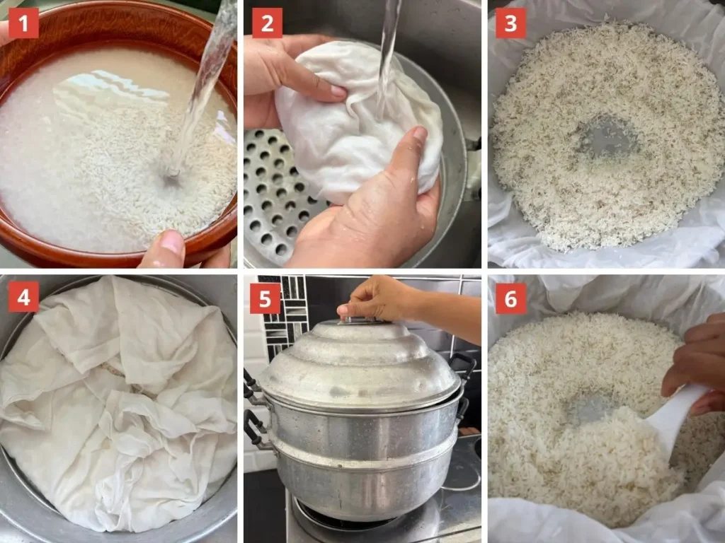 tep-by-step images showing how to make Thai sticky rice using a traditional steamer: rinsing the rice, wrapping it in cheesecloth, steaming, and fluffing the cooked rice.