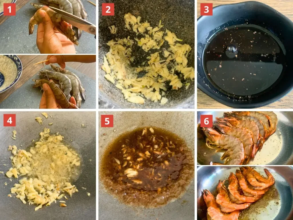Step-by-step collage showing how to make Thai garlic shrimp: trimming and deveining shrimp with scissors and a toothpick, crushing garlic, mixing sauce, frying garlic in oil, simmering the garlic sauce, and pan-frying shrimp with shells on.