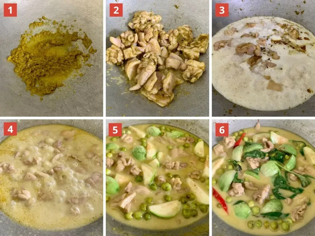 Step-by-step photos showing how to make Thai green curry with chicken, coconut milk, and vegetables in a wok