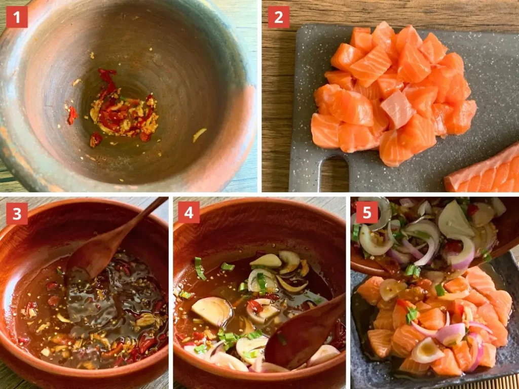 How to make Thai salmon salad step-by-step: pound chilies and garlic, cube salmon, mix fish sauce dressing with herbs, pour over salmon and onions.