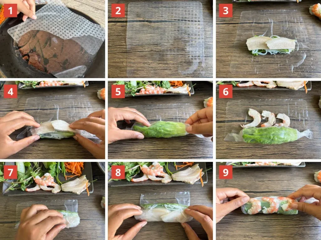Step-by-step photo guide showing how to roll rice paper rolls with shrimp, pork, vegetables, and noodles.