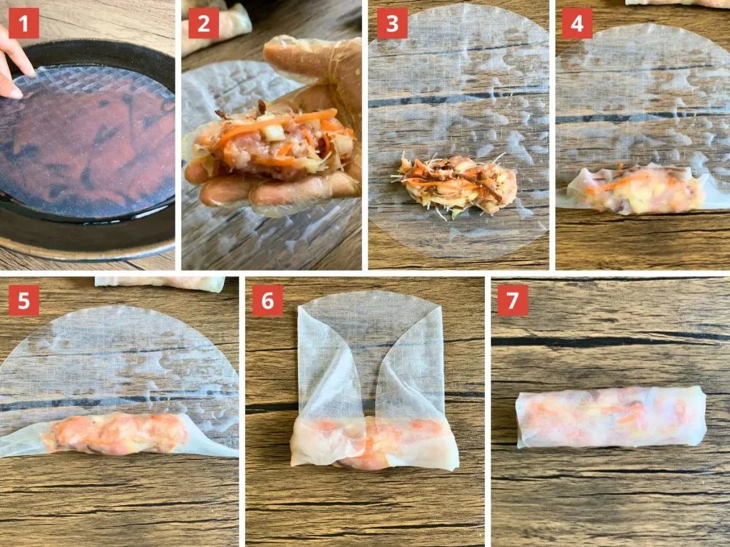 How to wrap vietnamese fried spring rolls step-by-step from dipping the rice paper to sealing the roll with filling inside.