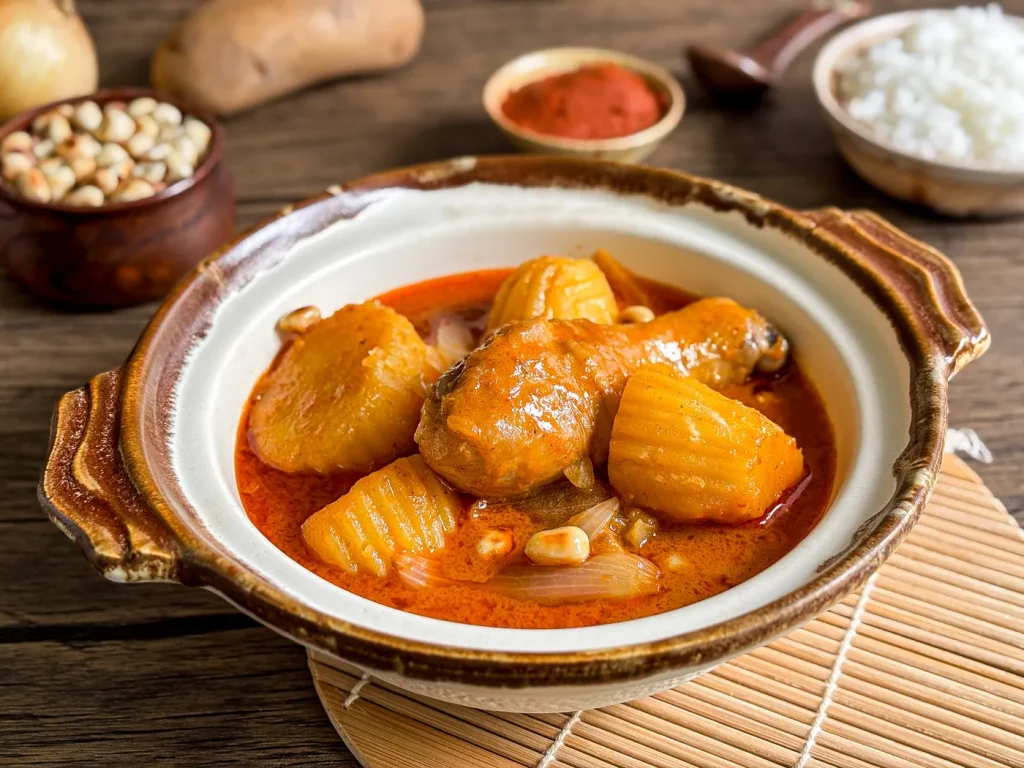 Thai massaman curry with chicken drumstick, golden potatoes, peanuts, and onions in rich red coconut curry sauce, with rice and spices in the background.