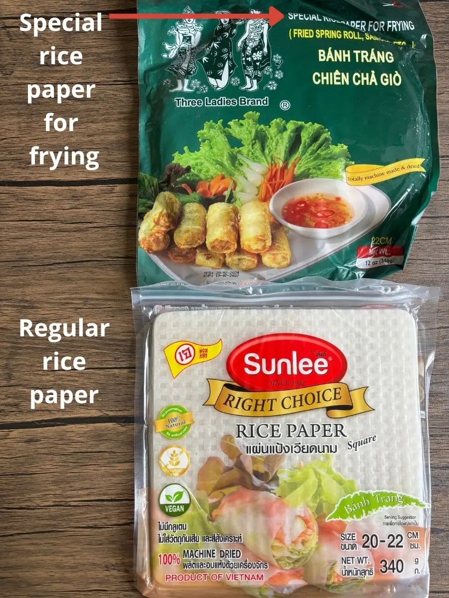 Rice paper comparison showing two packages, one for frying and one for fresh rolls.