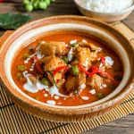 Panang curry with chicken, served in a clay bowl and topped with coconut cream, Thai red chili, and kaffir lime leaves.