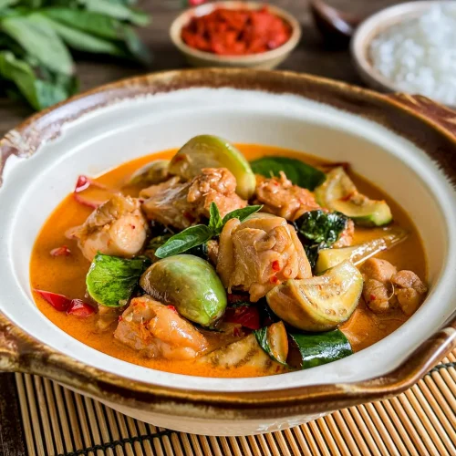 Thai red curry chicken with coconut milk and vegetables served in a rustic ceramic bowl, with rice in the background.