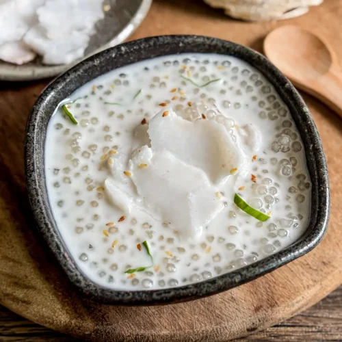 Thai coconut sago pudding served in a dark ceramic bowl, topped with slices of young coconut, sesame seeds, and pandan leaf on a wooden background.