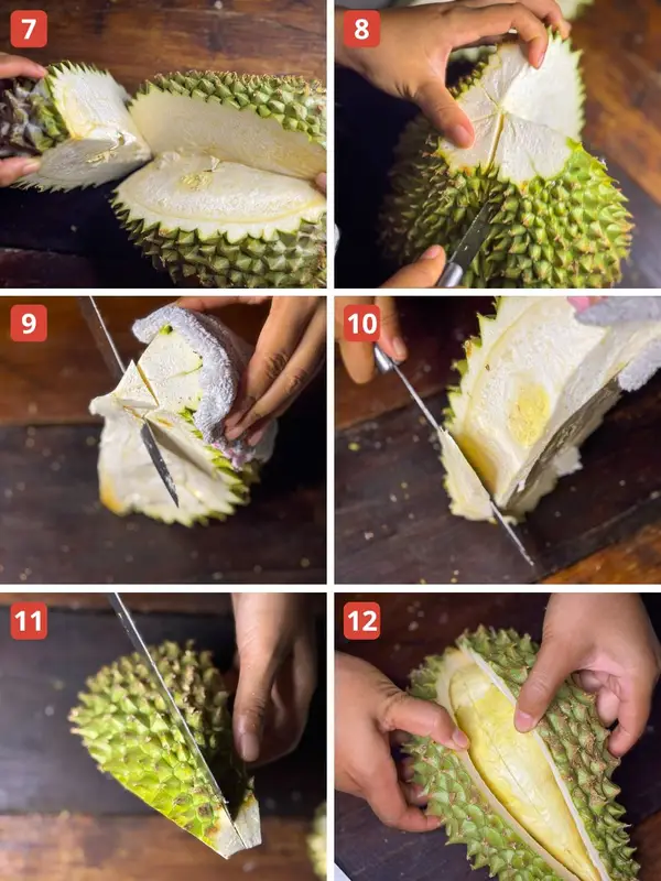 Visual guide showing the process of opening a durian from cutting around the stem to splitting the fruit open along its natural lines.