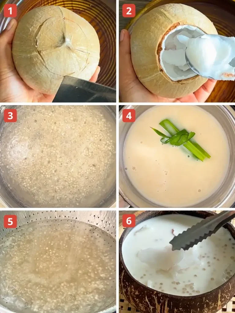 Step-by-step images showing how to make coconut sago pudding: opening a young coconut, scooping coconut meat, cooking sago pearls, making coconut milk sauce with pandan, rinsing sago pearls, and serving the dessert in a coconut bowl.