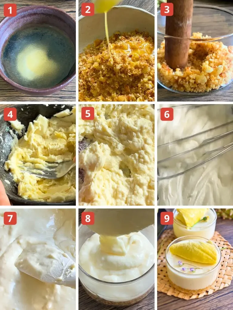 Step-by-step photo collage showing how to make durian cheesecake: blooming gelatin, mixing crust, mashing durian, whipping cream, combining filling, layering, and final chilled cheesecakes topped with fresh durian.