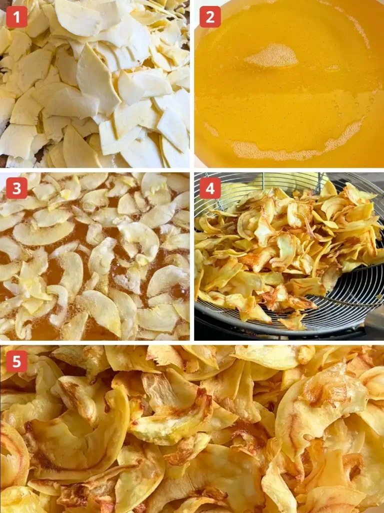 Step-by-step collage showing how to make durian chips from thinly sliced unripe durian to deep-frying and draining until golden and crispy.
