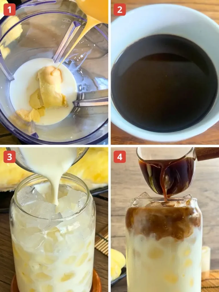 Step-by-step collage showing how to make iced durian coffee: blending durian with milk, dissolving coffee, pouring the durian mixture over ice, and layering with coffee.