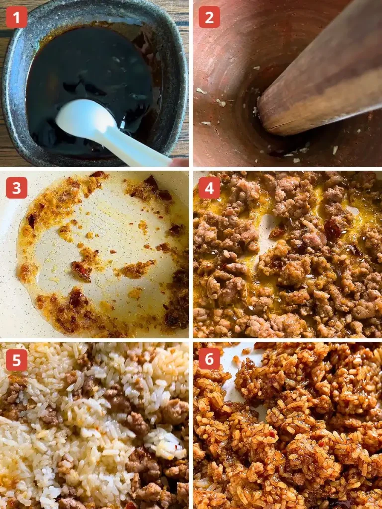 Step-by-step images showing how to make Thai basil fried rice, including sauce mixing, pounding garlic, frying aromatics, cooking minced pork, adding rice, and stir-frying everything together.