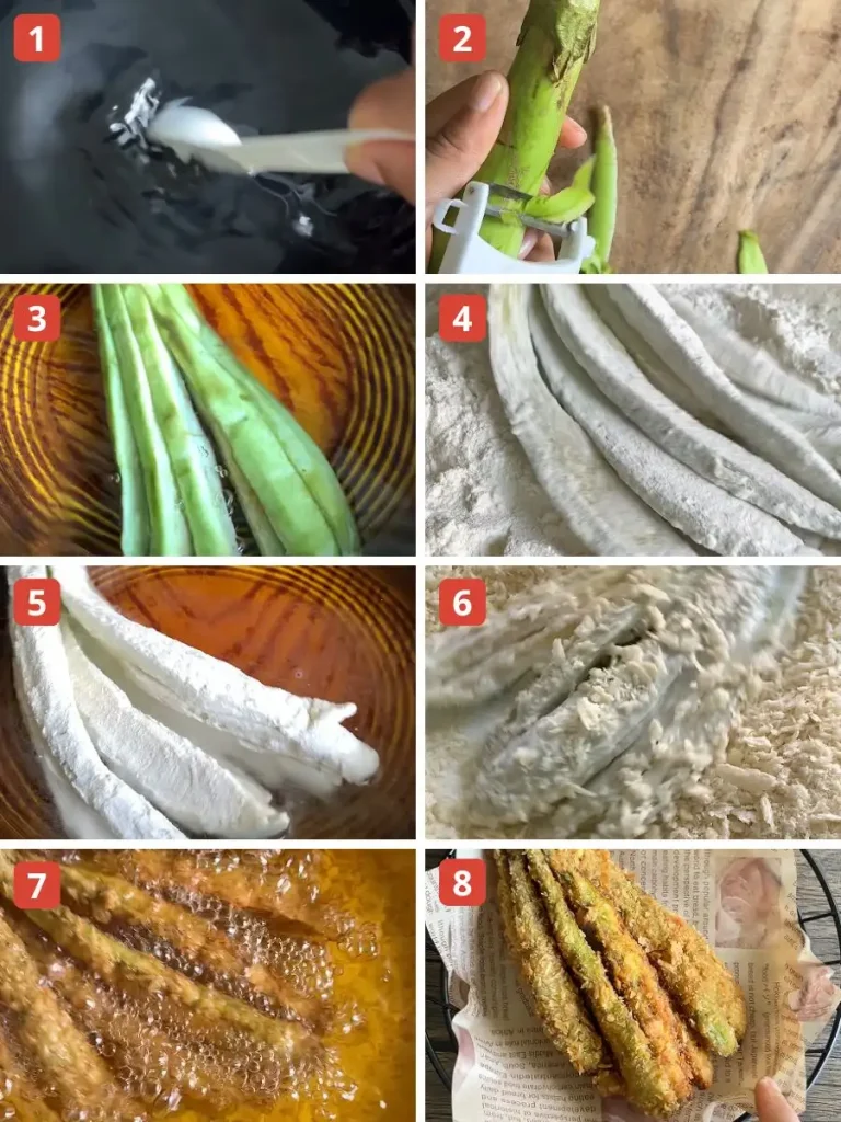 Step-by-step images showing how to make deep fried eggplant: soaking in salt water, peeling, slicing, flour coating, dipping in water, breading with panko, deep frying, and finished crispy eggplant served on paper.