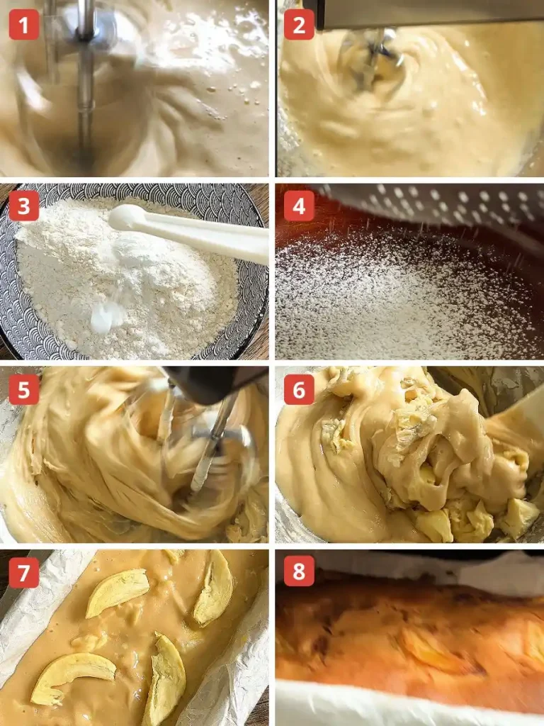 Step-by-step process of making durian cake: beating eggs and sugar, adding flour, sifting, mixing batter, folding in durian pieces, pouring into a lined pan, topping with durian slices, and the finished golden-brown durian cake.