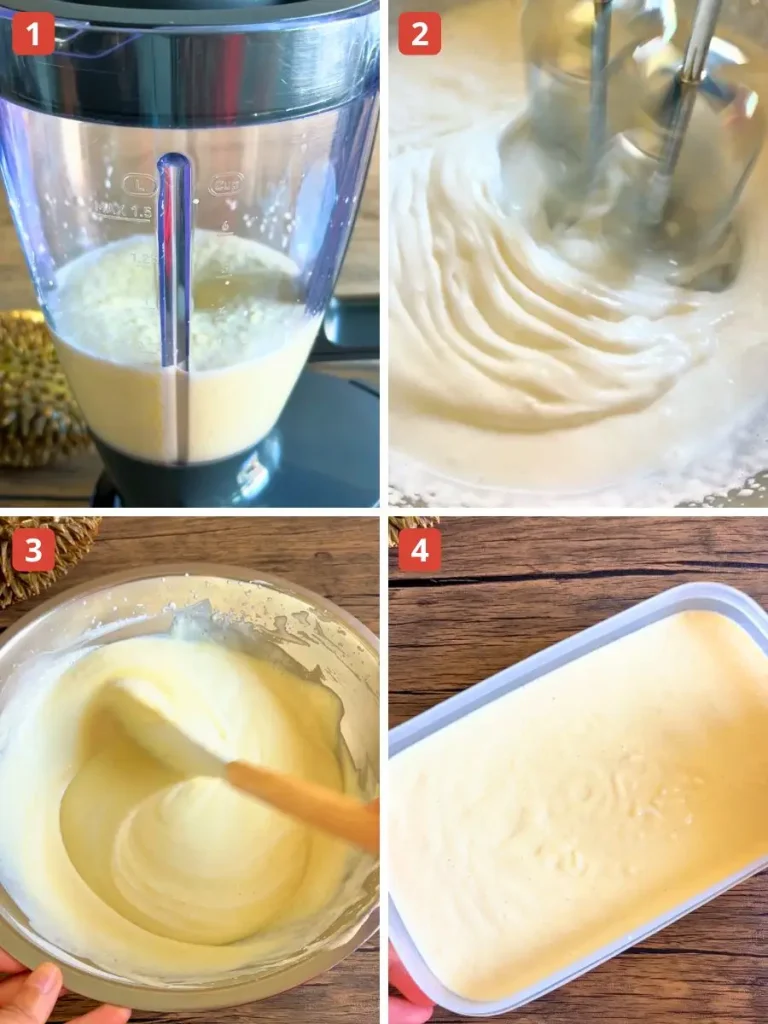 Step-by-step process of making durian ice cream, including blending durian, whipping cream, folding the mixture, and pouring into a container to freeze.