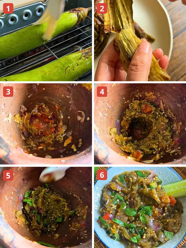 Step-by-step process of making Thai roasted eggplant dip: grilling eggplants, peeling the skin, pounding with chilies and garlic in a mortar, mixing in herbs, and serving the finished dip with cucumber.