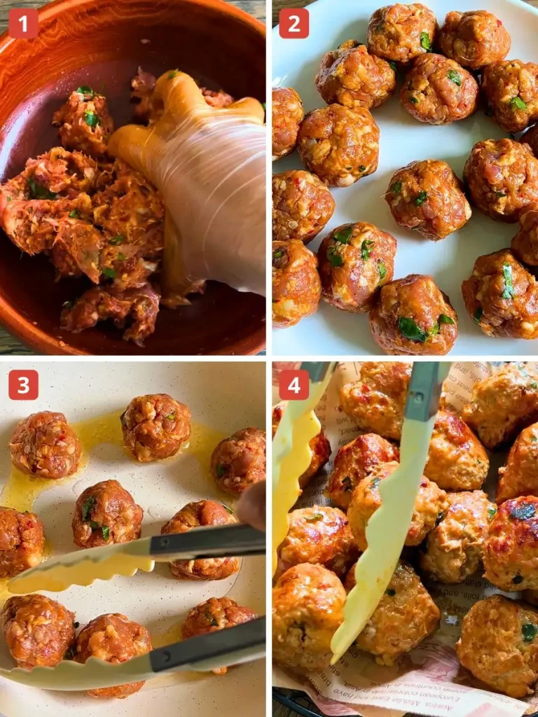 How to make Thai meatballs step-by-step photo collage showing mixing the meat mixture, shaping into balls, frying in a pan, and draining on paper.