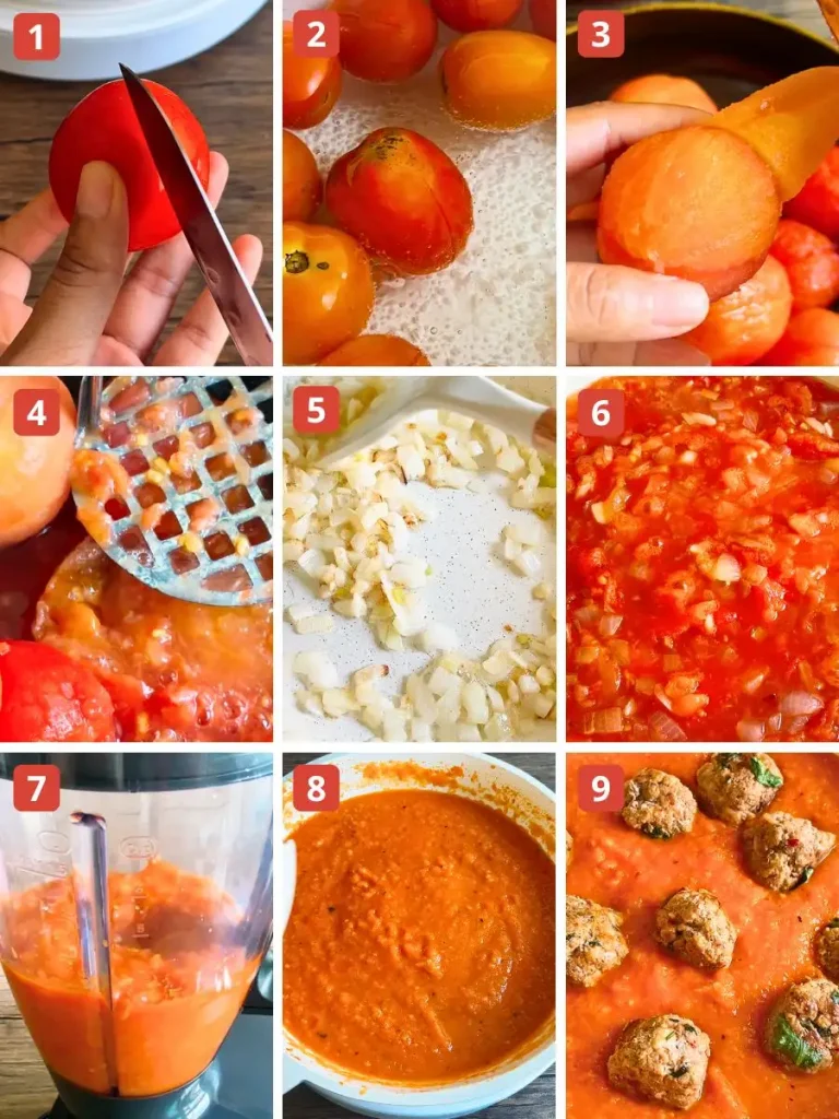 Step-by-step process of making homemade tomato sauce with meatballs, including boiling, peeling, mashing, and blending tomatoes, sautéing onions, cooking the sauce, and adding meatballs.