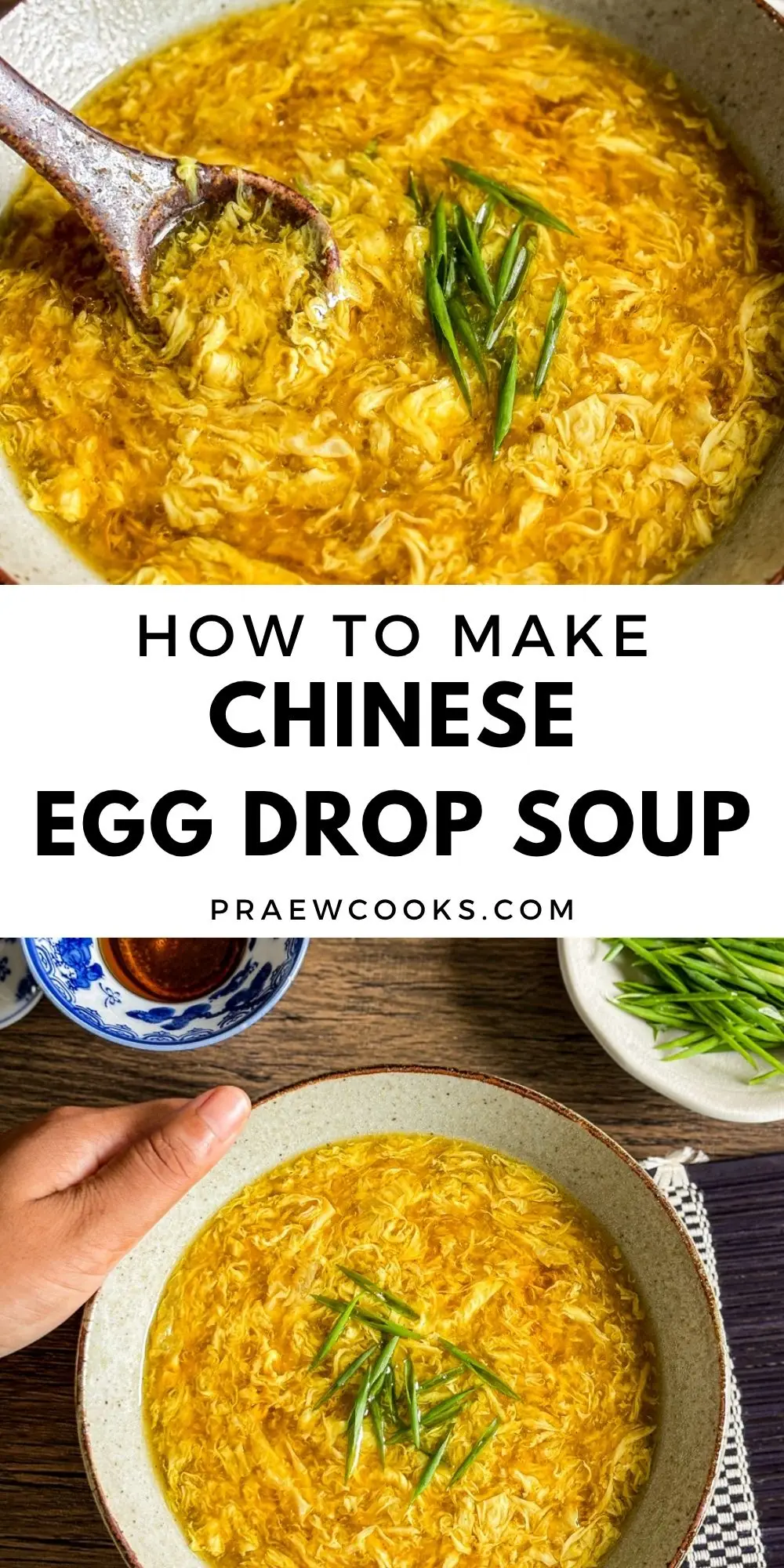 Chinese egg drop soup with delicate egg ribbons in a golden broth, garnished with sliced green onions in a bowl.